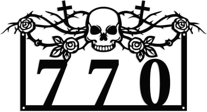 Personalized Gothic House Number metal Signs,Custom Address Number Metal Wall Art Decor,Black Plaques Outdoor wall Decorative Signage,Shed(8-30 Inches) (Rose Skull)