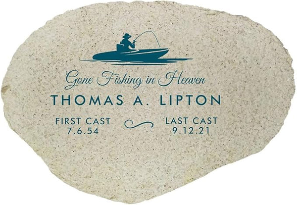 GiftsForYouNow Gone Fishing in Heaven Personalized Memorial Garden Stone, Flat UV Resin Stone, Measures 11.25" W x 7.75" H, Fisherman Memorial, Grandpa, Dad, Last Cast