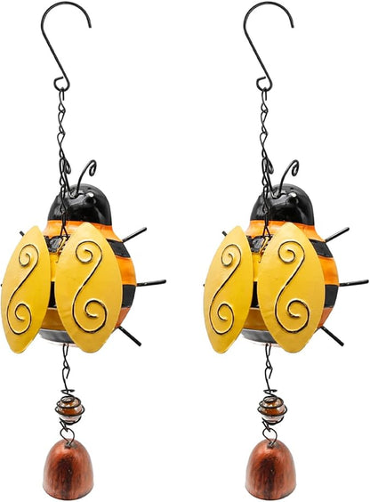 2 Pcs Metal Bee Wind Bells, Small Insect Chime Decor for Garden Yard Patio, Lucky Hanging Rustic Home Ornament, Indoor Outdoor Iron Stereo Hanging Bell