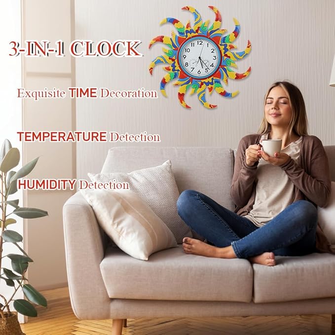 24 Inch Outdoor Clock Silent Non-Ticking, Outdoor Wall Clock with Thermometer & Humidity, Sun Outside Clock Decor for Patio, Living Room, Home Decor