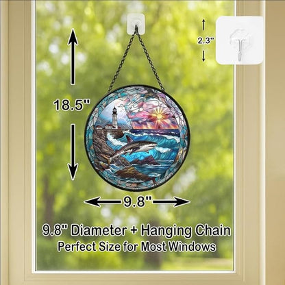 Stained Glass Window Hanging - Sunset Ocean Whale Sun Catchers Indoor Stained Glass Panels Wall Decor for Mom Wife Lovers Festive