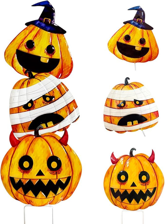3 Packs Halloween Garden Stakes, Stacked Metal Pumpkins Jack-o-Lantern LawnDecor, Halloween Decorative 3D Pumpkin Yard Signs Stake for Outdoor Front Garden Pathway Decorations