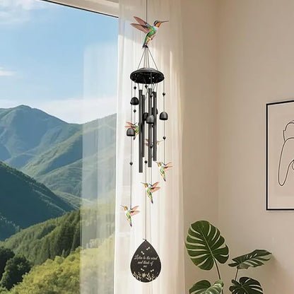 Hummingbird Wind Chimes Outdoor Durable Black Metal Windchimes Garden Patio Decor Hummingbirds Gifts for Women/Men, Garden/Yard Decor, Memorial/Birthday Gifts for Grandma/Mom, Birds Chimes for Outside