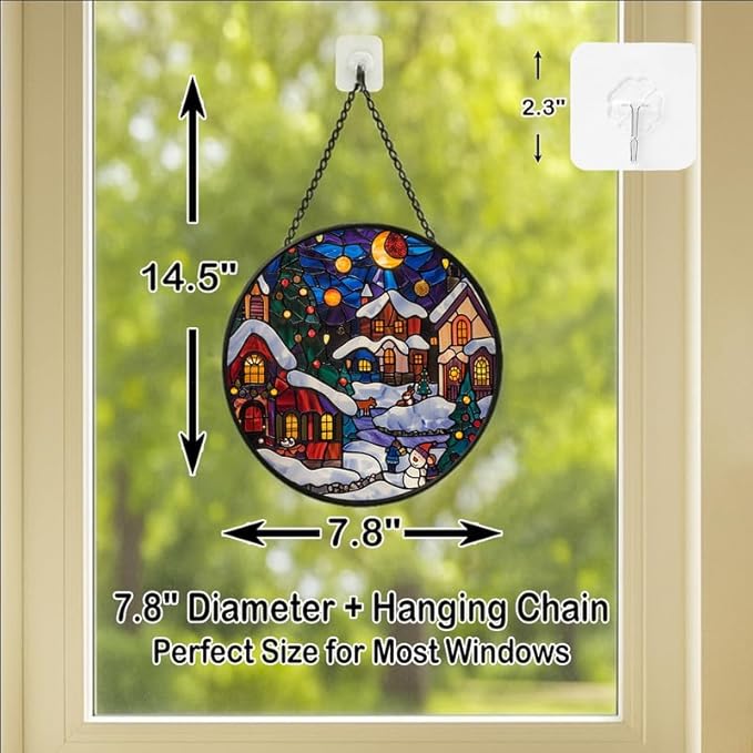 Stained Glass Window Hanging - Christmas Snowy Village at Night Sun Catchers Panel for Indoor Decorative Display for Mom, Wife, Lovers, Festive
