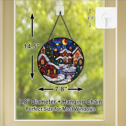 Stained Glass Window Hanging - Christmas Snowy Village at Night Sun Catchers Panel for Indoor Decorative Display for Mom, Wife, Lovers, Festive
