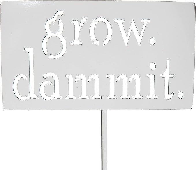 Grow. Dammit. Metal Garden Stake 20 to 28 Inches Tall (Small 20", White Speckled)