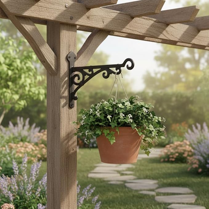 Comfy Hour 11" Heavy Duty Cast Iron Plant Wall Hanger, Decorative Bird Feeder Bracket for Outdoor Garden, Metal Hanging Plant Hook for Flower Pots, Lanterns & Wind Chimes, Brown