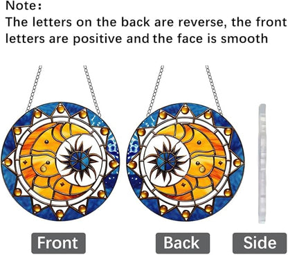 Sun and Moon Stained Window Hangings with Chain – Acrylic Retro Ornament for Garden, Patio and Indoor Decor, Housewarming Gift for Mom, Grandma and Space Lover
