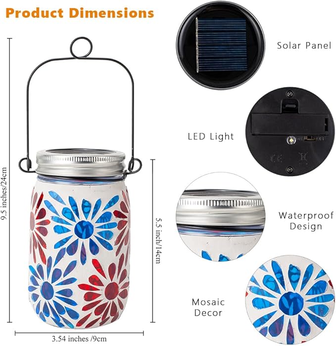 Starsoul 4 Pack Solar Lanterns Outdoor Waterproof, Mosaic Flowers Glass Solar Hanging Outdoor Lights, Decorative Solar Lantern for Outside Pathway Patio Porch Yard Decor