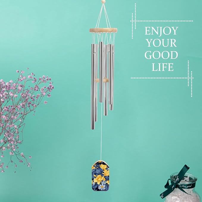 Large Aluminium Wind Chimes 20.5" Inches Blue Base Yellow Floral Wind Chimes for Outside Memorial Wind Chimes Sympathy Wind Chime for Outdoor Garden Patio Decoration