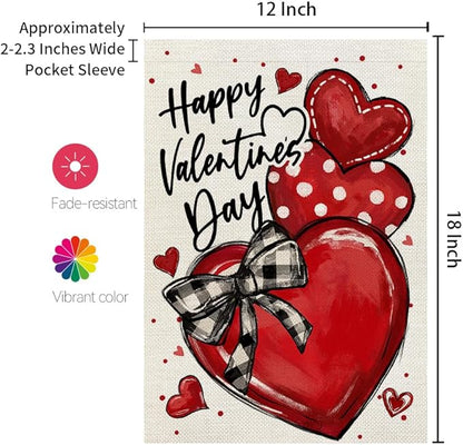 CROWNED BEAUTY Valentines Day Hearts Garden Flag 12x18 Inch Double Sided for Outside Small Burlap Love Red Holiday Yard Decoration