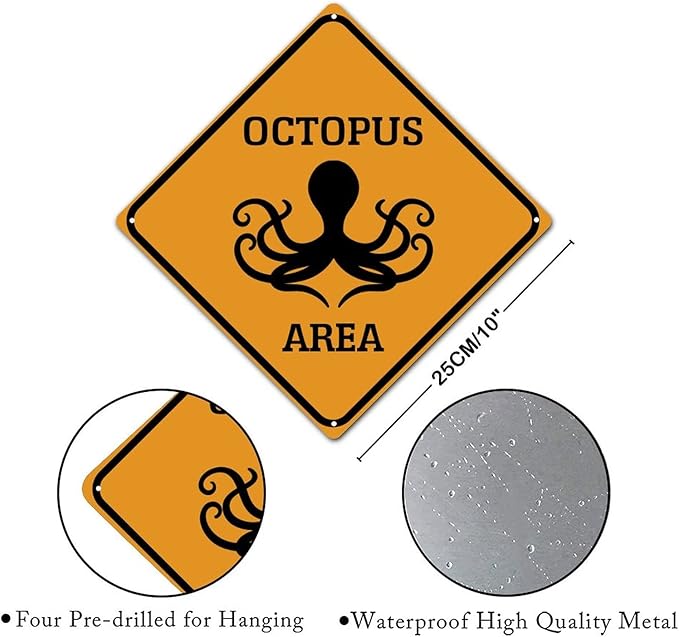 Octopus Crossing Sign Caution OctopusXing Sign Street Sign Wildlife Novelty Road Fence Wall Decor Warning Metal Tin Sign For Indoor Outdoor 10x10in