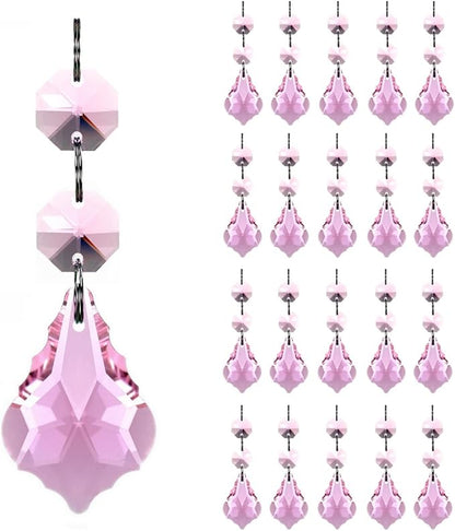 20pcs Maple Leaf Crystal Chandelier Prism Replacement Pendant Connected Glass Octagon Beads Chain for Chandelier Christmas Decoration 38mm (Pink)