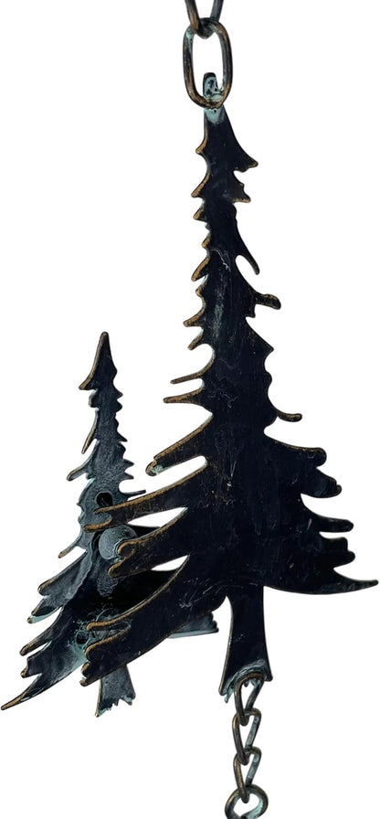 Things2Die4 70-Inch Metal Rain Chain with 5 Forest Tree Silhouettes & Zen Bells, Dark Verdigris Finish, 3.25-Inch Diameter, Decorative and Functional Downspout Alternative