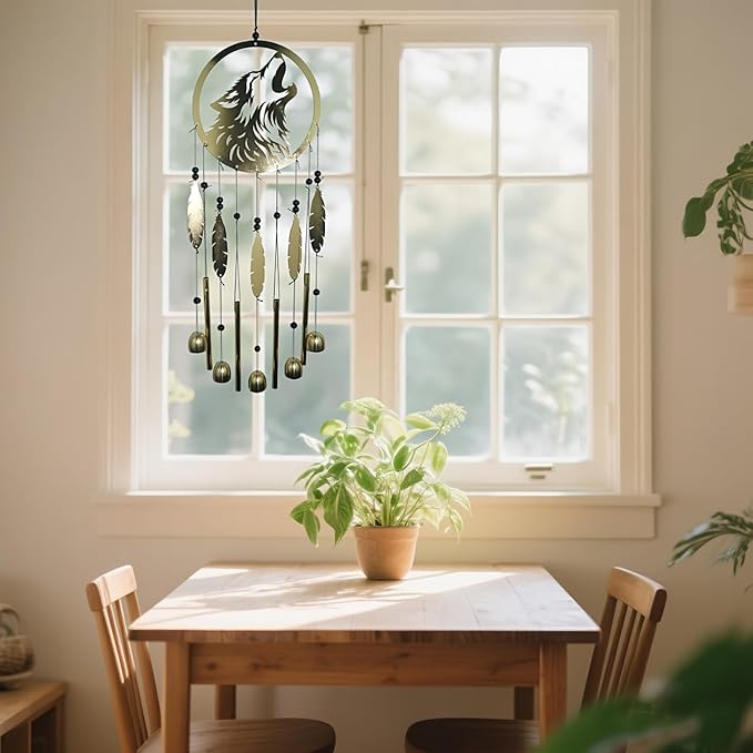 Wolf Dream Catcher Wind Chimes for Outside, Gold Metal Howling Wolf Windchimes with Bells & Feathers, Gift for Wolf Lovers Chimes Wolves(Golden Wolf)
