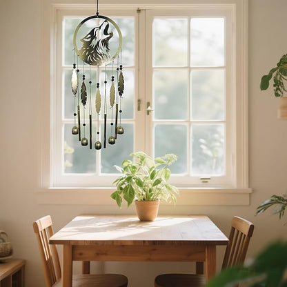Wolf Dream Catcher Wind Chimes for Outside, Gold Metal Howling Wolf Windchimes with Bells & Feathers, Gift for Wolf Lovers Chimes Wolves(Golden Wolf)