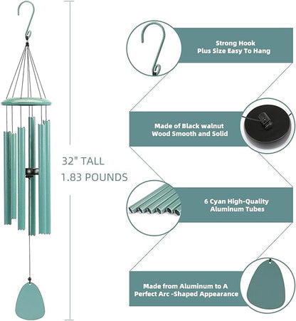 FSVGYY Wind-Chimes-Outdoor-Deep-Tone, Large Soothing Melodic Tones Windchimes, Wind Chimes for Outside, Memorial Wind Chime Best Gift for Mom Women Grandma Neighbors(32" Cyan Coated Aluminum)