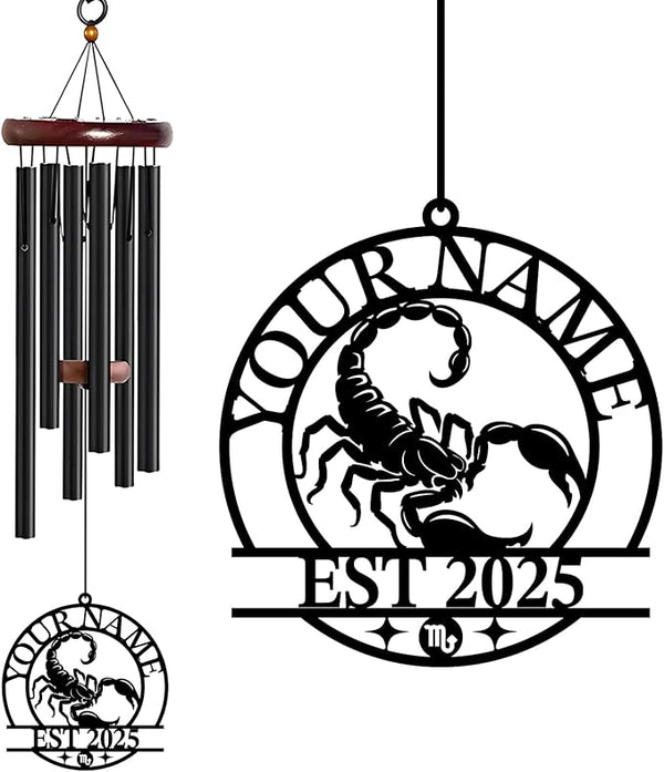 Personalized Customize Name 12 Zodiac Signs Wind Chime, Metal Iron 37 Inch Outdoor Memorial Gift for Garden Yard Patio Home Decor, Black (Scorpio)