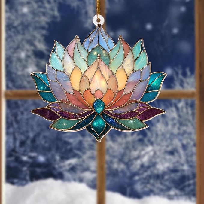 Lotus Stained Glass Acrylic Ornament – Colorful Lotus Flower Suncatcher for Windows, Christmas 2025 Ornament, Holiday & Spiritual Home Décor, Unique Handmade Gift(Sun-24)
