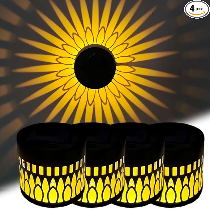 Decorative Solar Mandala Lights, Metal Solar Powered Outdoor Wall Lights Solar Powered Deck Step Stair Lights, Waterproof Mandalas Fence Light for Garden Post Patio Backyard Yard Decor (4, Sunflower)