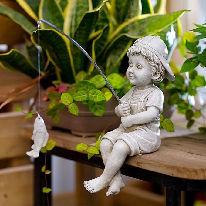 Goodeco Fisherboy Statue Garden Decor - 11" Little Fishing Guy for Koi Pond or Waterfalls, Poolside Statue with Glow in Dark Pebbles Included, Great Gifts for Mom, Women or Birthdays, Gift Ideas