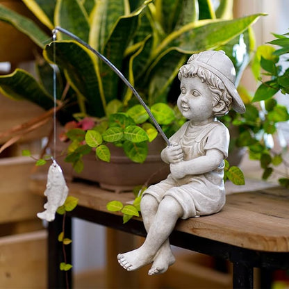 Goodeco Fisherboy Statue Garden Decor - 11" Little Fishing Guy for Koi Pond or Waterfalls, Poolside Statue with Glow in Dark Pebbles Included, Great Gifts for Mom, Women or Birthdays, Gift Ideas