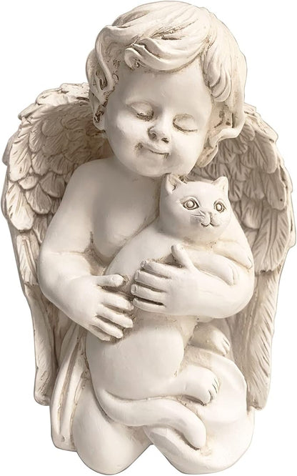 7" Resin Angel with Cat Statue, Pet Cat Memorial Sculpture, Indoor/Outdoor, White
