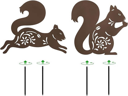 Metal Squirrel Garden Stake,Set of 2 Outdoor Thanksgiving Yard Decor,Fall Decorations Rusty Squirrel Statues for Outside,Lawn,Pathway
