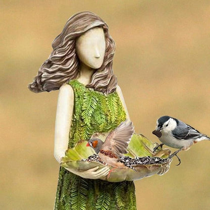 Akozon Enchanting Fairy Garden Statue with Bird Feeder - Elegant Ornament for Outdoor Decor, 1 Feet Tall Garden Art Sculpture with LeafShaped Seed Bowl (Green)