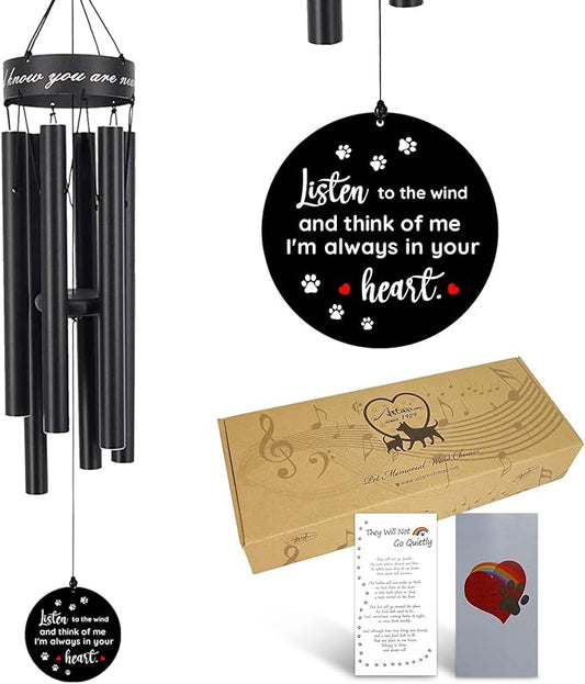 Pet Memorial Wind Chime, 30 Inches Paw Print Pet Remembrance Gift to Honor and Remember a Dog, Cat, or Other Pet, Premium Metal Wind Chime, Black
