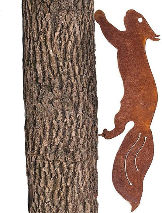 Rustic Metal Squirrel Garden Statue with Rusty Finish, Weather-Resistant Iron Yard Decor Stake for Courtyard or Lawn, 12in and 16.5in(30cm)