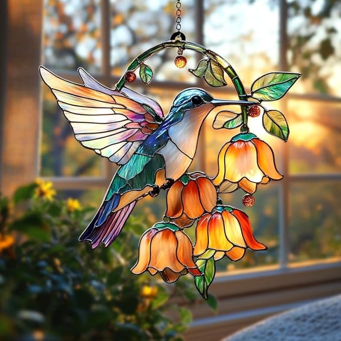 Hummingbird with Flower Acrylic Suncatcher, Flower Suncatchers for Window Hangings, Stained Glass Effect Garden Decor, Gift for Mother's Day, Mom, Grandma, Wife, Women