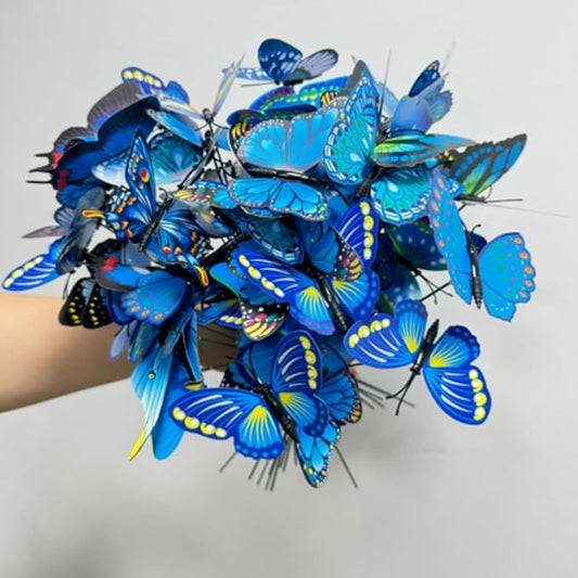 3D Butterfly Garden Stake Decor,10" PVC Butterfly Garden Decor for Outside,Shaking Head Artificial Butterflies for Cake Bouquet Wall Lawn Pathway Plant Pot Flower Bed Yard Decor (50, Royal Blue)