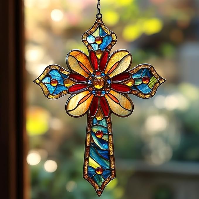 Christian Cross Acrylic Suncatcher Stained Glass Effect Window Car Hanging Christmas Ornament Indoor Outdoor Decor Garden Memorial Sun Catcher for Family Christmas Jesus Gift for Women Mom Grandma