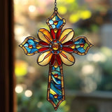 Christian Cross Acrylic Suncatcher Stained Glass Effect Window Car Hanging Christmas Ornament Indoor Outdoor Decor Garden Memorial Sun Catcher for Family Christmas Jesus Gift for Women Mom Grandma
