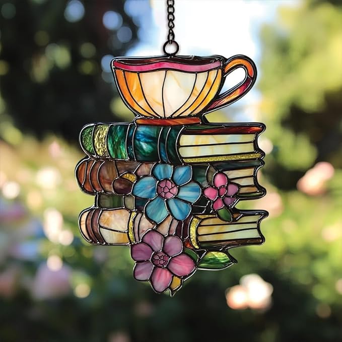 Flower Books Tea Acrylic Suncatcher Window Hanging Bookish Book Lover Housewarming Decor Gift