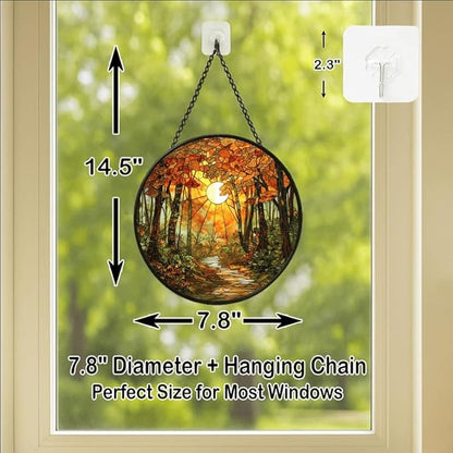 Stained Glass Window Hanging - Autumn Sunlight Through Woods 7.8in Sun Catchers Indoor Stained Glass Panels Wall Decor for Mom,Wife,Lovers,Festive