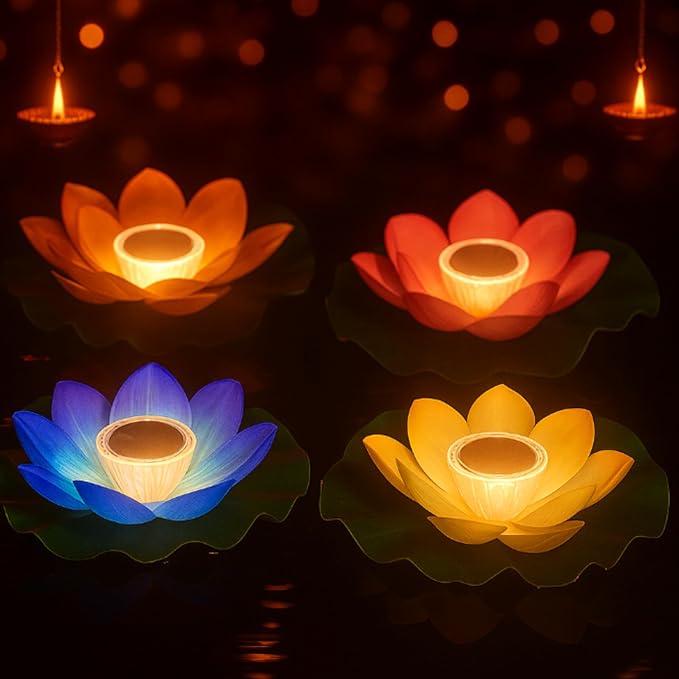 VIHOSE 4 Pcs 11 Inch Diwali Solar Pond Pool Light Floating Lotus Lamp Lily Pad Flower Pool Light Solar Floating for Pond Garden Decoration
