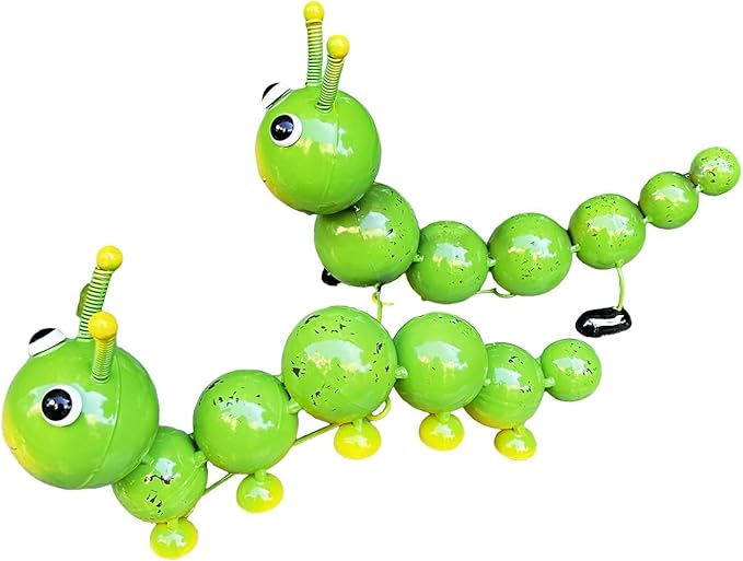 2 Pack Green Metal Caterpillar Garden Statues Outdoor Art, Cute Insect Lawn Ornaments for Backyard Patio Decorations, Funny Animal Yard Decor Gifts for Women Mom