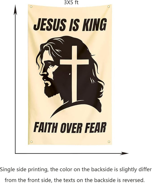 Jesus Is King Faith Over Fear Cool Inspirational Flags Motivational Religious Christian Flags Banner 3x5 FT Room Guys Girls College Dorm Bedroom Church Wall Hangings Beige