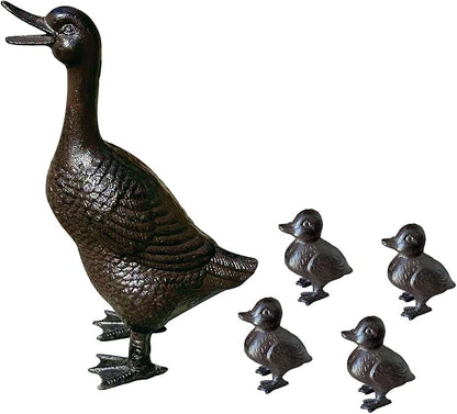 Vintage Cast Iron Duck Family Garden Statue, Rust Brown Mother Duck (15.7" Tall) with 4 Ducklings (3.6" Tall), Outdoor Decorative Sculpture Set for Yard Patio HC5387-6905