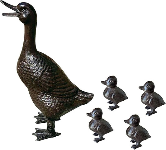 Vintage Cast Iron Duck Family Garden Statue, Rust Brown Mother Duck (15.7" Tall) with 4 Ducklings (3.6" Tall), Outdoor Decorative Sculpture Set for Yard Patio HC5387-6905