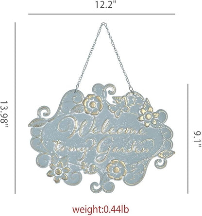 All Chic Welcome to My Garden Sign Hanging Yard Sign for Garden Decor Rustic Farmhouse Backyard Outdoor Wall Decor(Blue)