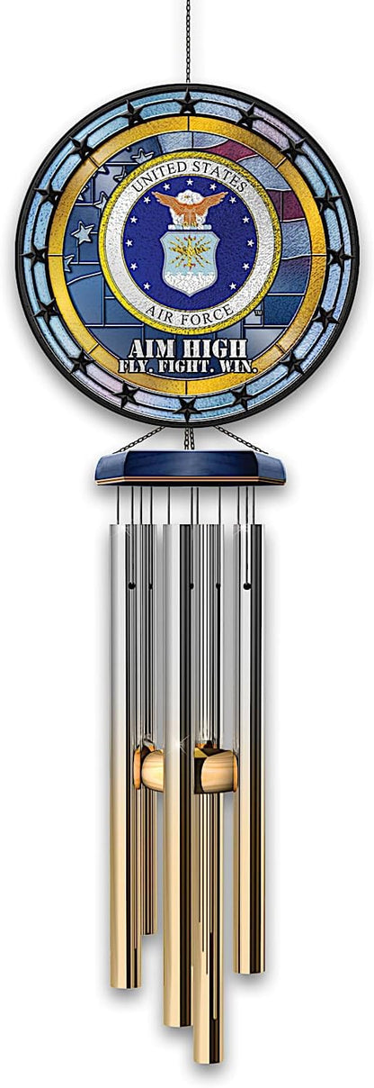 U.S. Air Force Stained Glass Wind Chime Featuring The USAF Emblem and 8 Ombre-Finished Metal Chimes