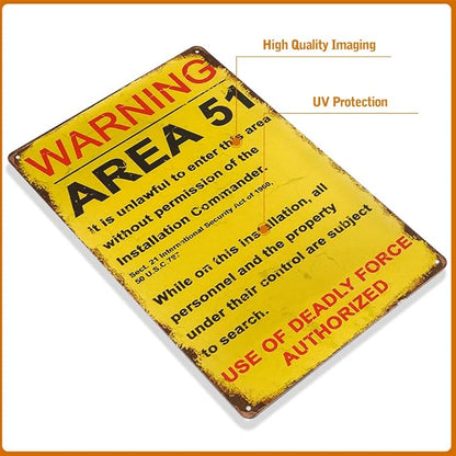 dingleiever Funny Decorations Vintage Warning Area 51 Metal Sign Garage Poster Outdoor Yard Sign 12x8 Inches