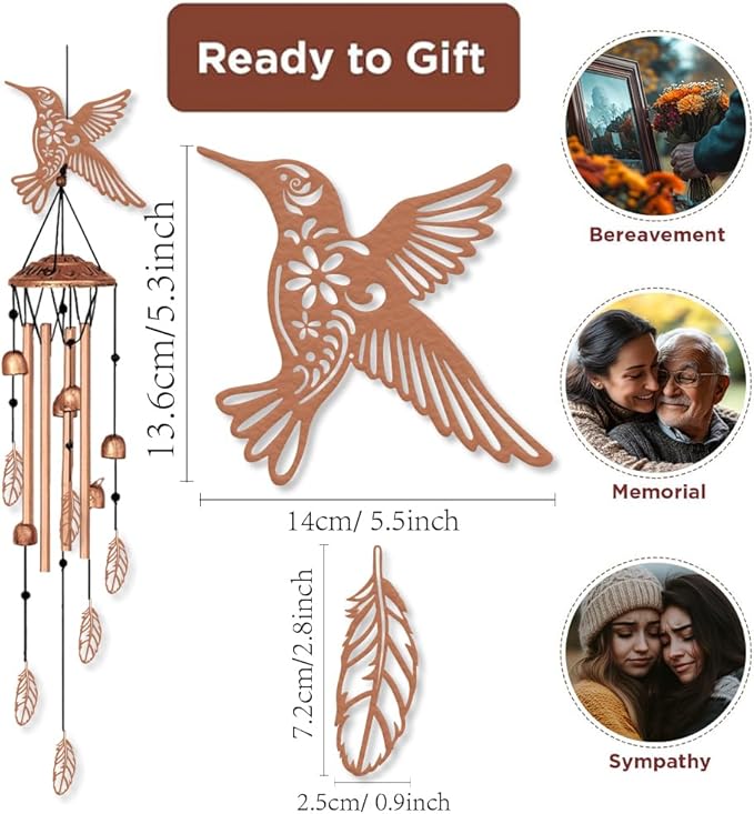ORIGACH Hummingbirds and Feather Wind Chimes Metal Wind Chimes for Outside Gifts for Women Mom Grandma Deep Tone Suitable for Outdoor, Indoor, Balcony, Garden, Courtyard, Porch, 30-Inch Long