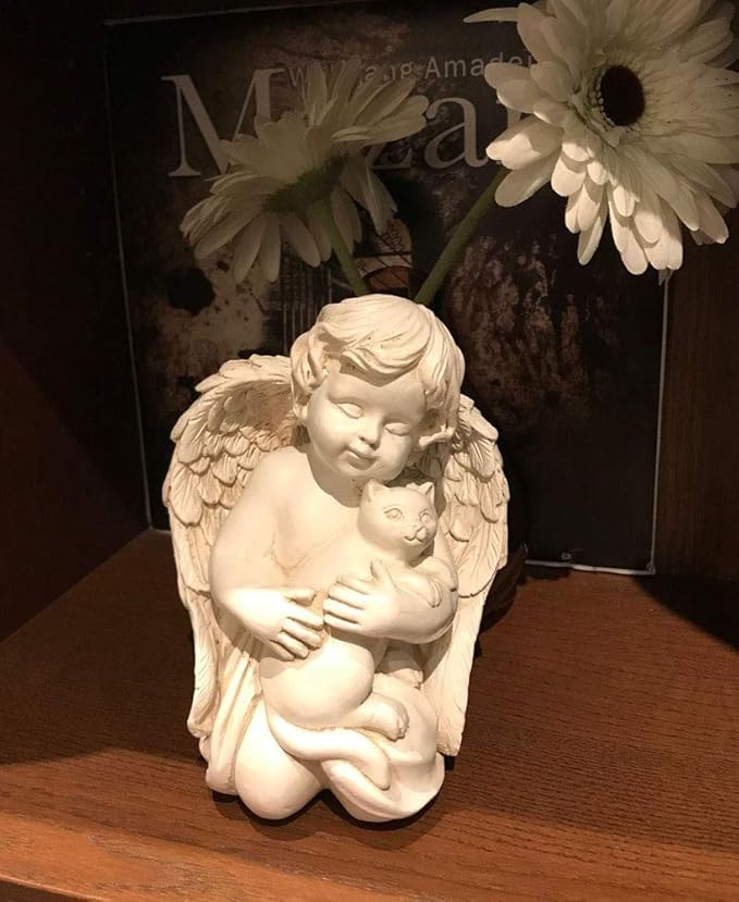 7" Resin Angel with Cat Statue, Pet Cat Memorial Sculpture, Indoor/Outdoor, White