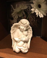 7" Resin Angel with Cat Statue, Pet Cat Memorial Sculpture, Indoor/Outdoor, White