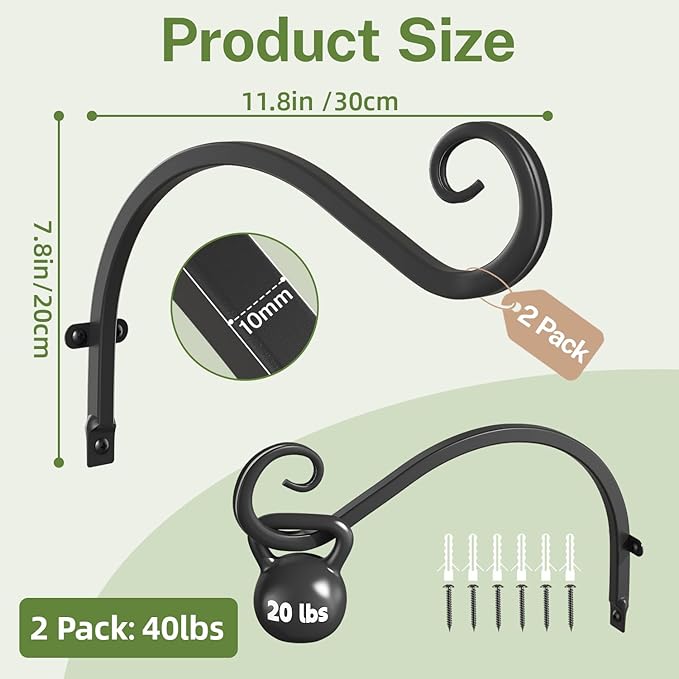 iDavosic.ly Plant Hangers Outdoor 2-Pack, 11.8 Inch Heavy Duty Iron Wall Brackets for Hanging Plants, Baskets, Bird Feeders, Lanterns, Wind Chimes, Indoor Metal Hooks for Garden Porch Patio, Black