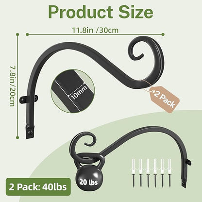 iDavosic.ly Plant Hangers Outdoor 2-Pack, 11.8 Inch Heavy Duty Iron Wall Brackets for Hanging Plants, Baskets, Bird Feeders, Lanterns, Wind Chimes, Indoor Metal Hooks for Garden Porch Patio, Black